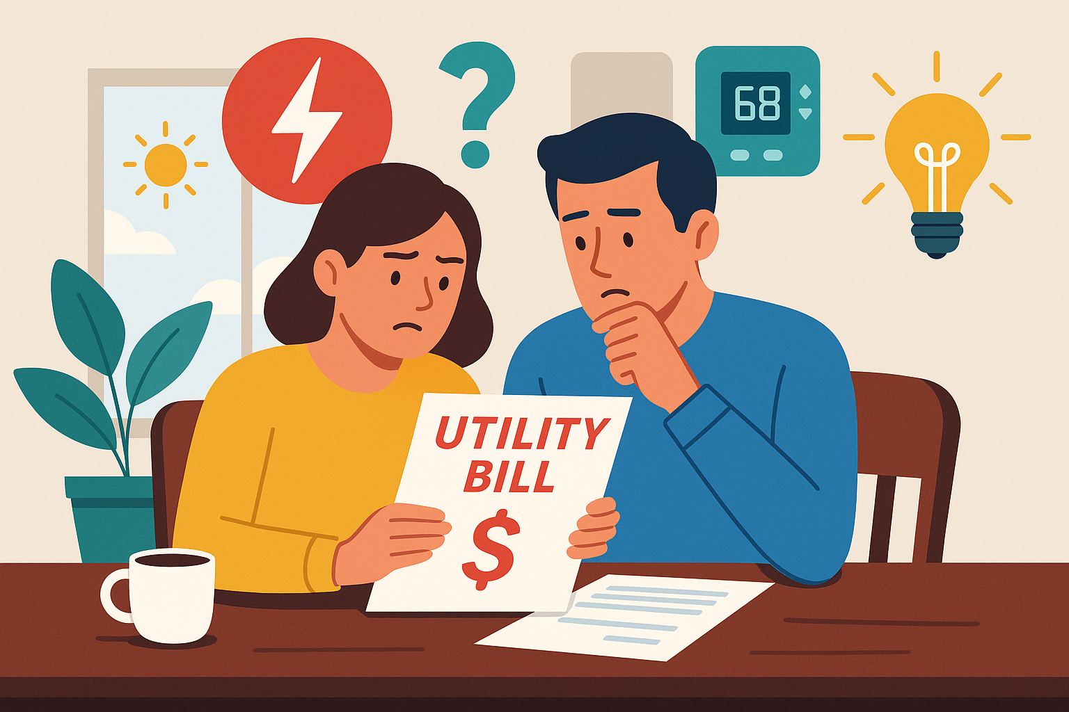 Couple reviewing a high utility bill with energy-saving icons