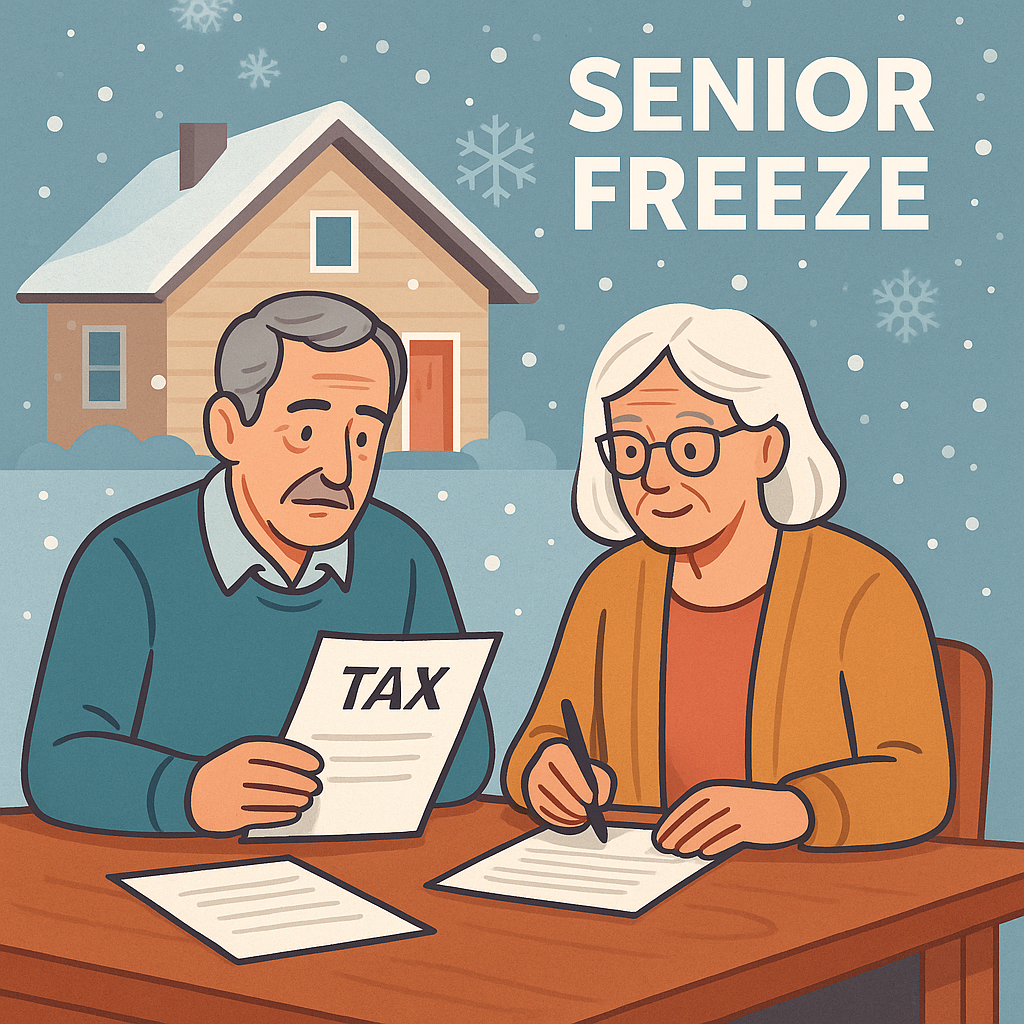 Older couple reviewing tax documents with home and snowflake overlay