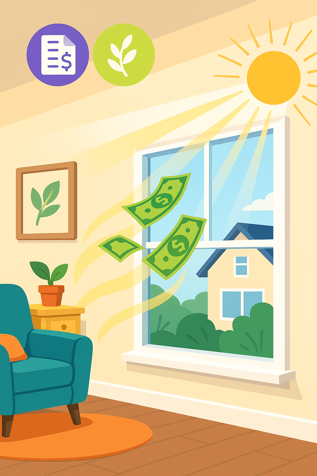 Home interior with energy-efficient window and dollar-savings concept